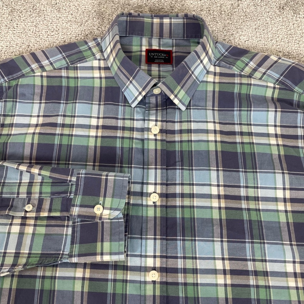 UNTUCKit Button Up Shirt Mens XXL Plaid Cotton Rombauer Dress Shirt Blue  2XL